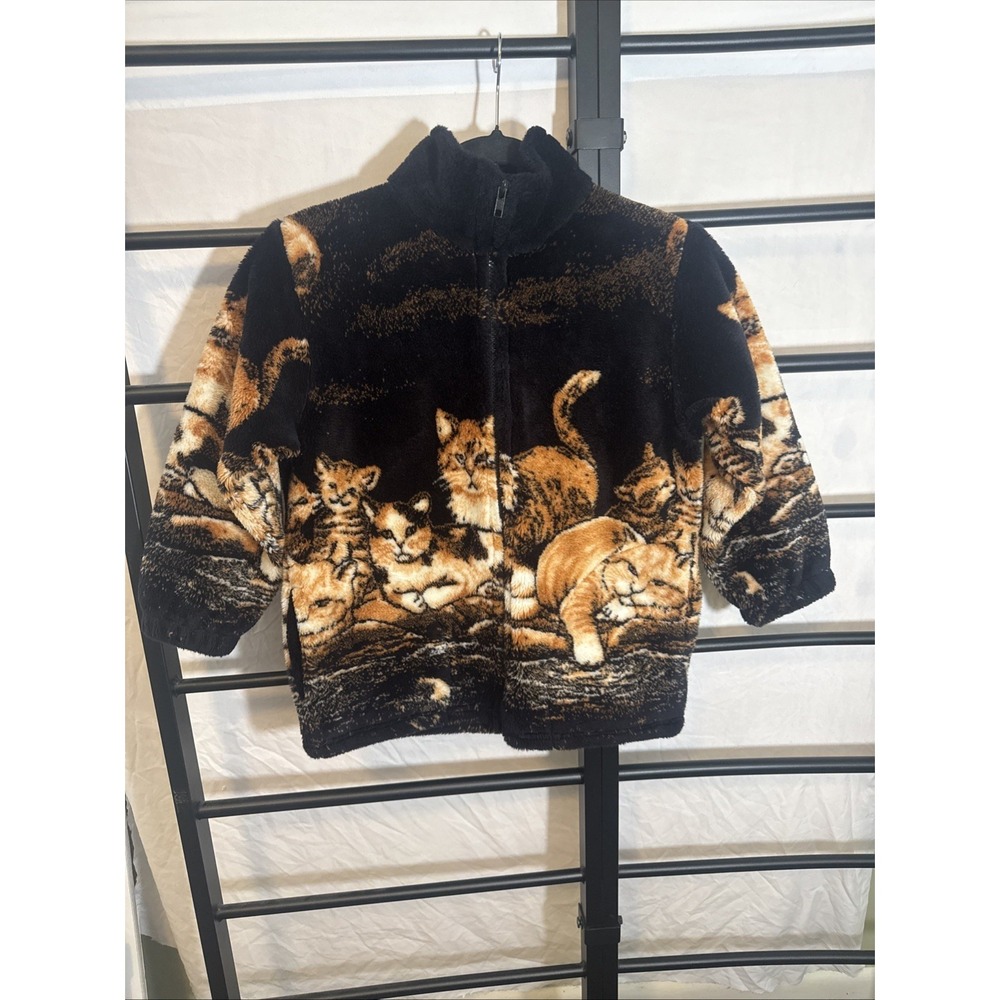 Vintage Mazmania Kids Fleece Cat All Over Print USA Sz M 7/8 Full Zip‎ jacket